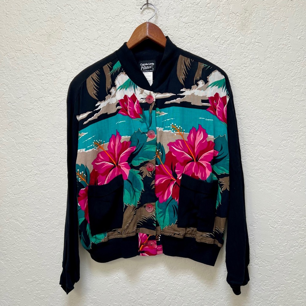 Vintage Carole Little Petites Tropical Hibiscus Bomber Jacket Black Rayon Sz 12